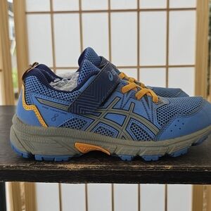 Boys Sz 2 Asics Blue and Gray Sneakers with Orange Highlights Hook & Loop
